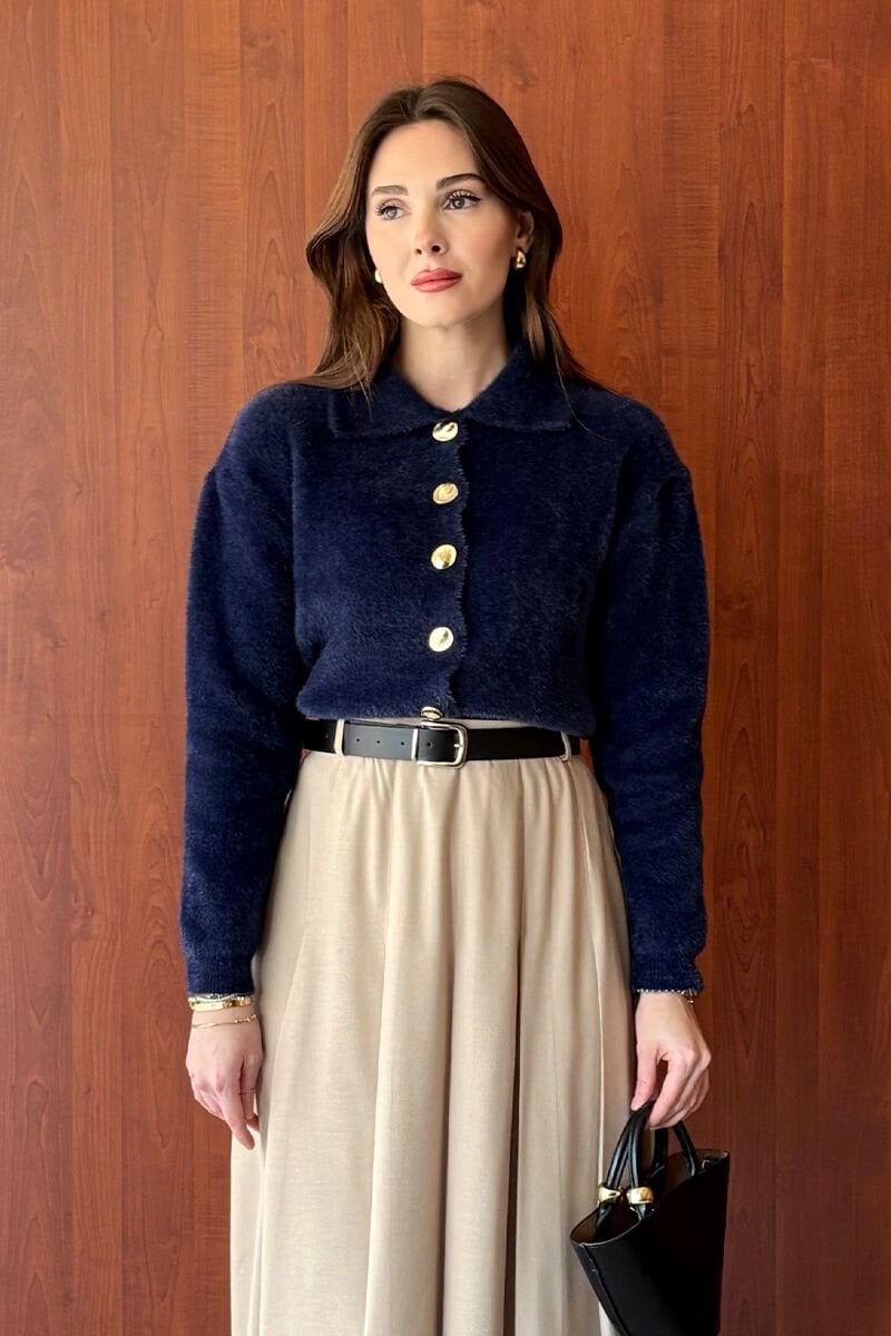 Lacivert  Polo Yaka Peluş Hırka