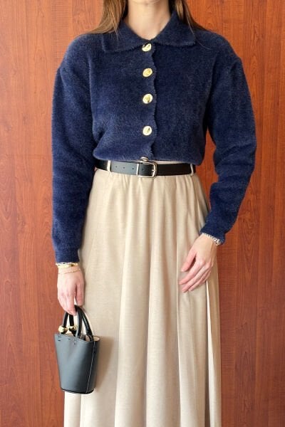 Lacivert  Polo Yaka Peluş Hırka