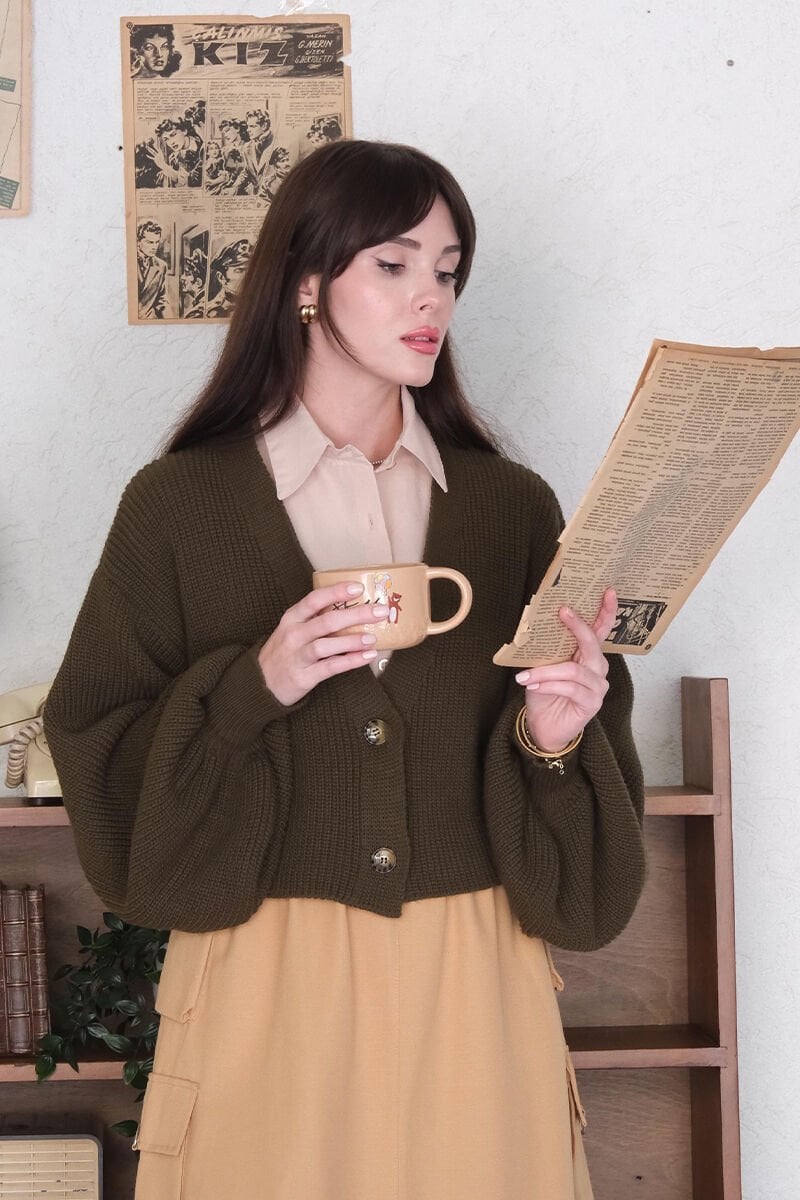 Haki Balon Kol Triko Hırka