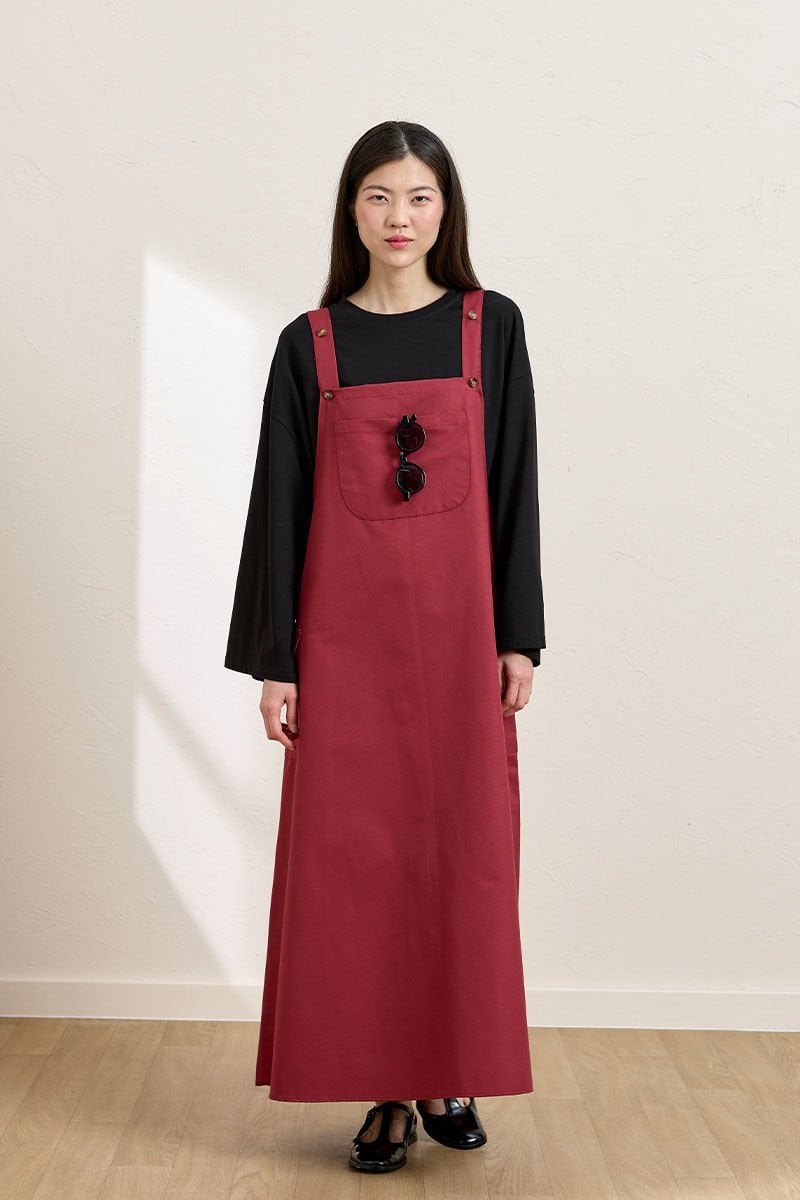 Bordo Keten Etekli Salopet & Siyah Body Takım