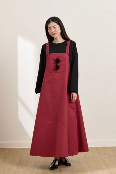 Bordo Keten Etekli Salopet & Siyah Body Takım