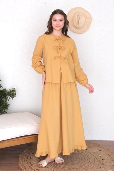 Hardal Organik Keten Eteği Fırfırlı Etek