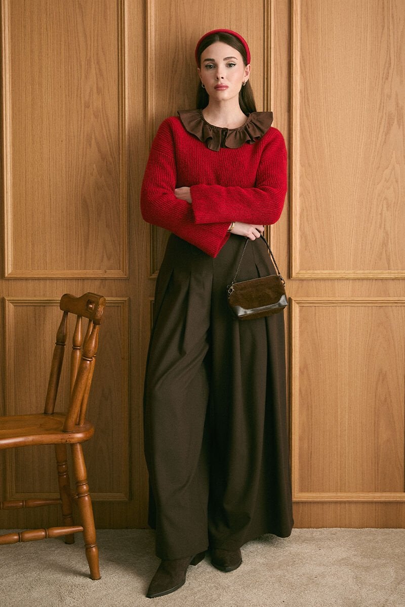 Acı Kahve Pile Detay Bol Paça Pantolon