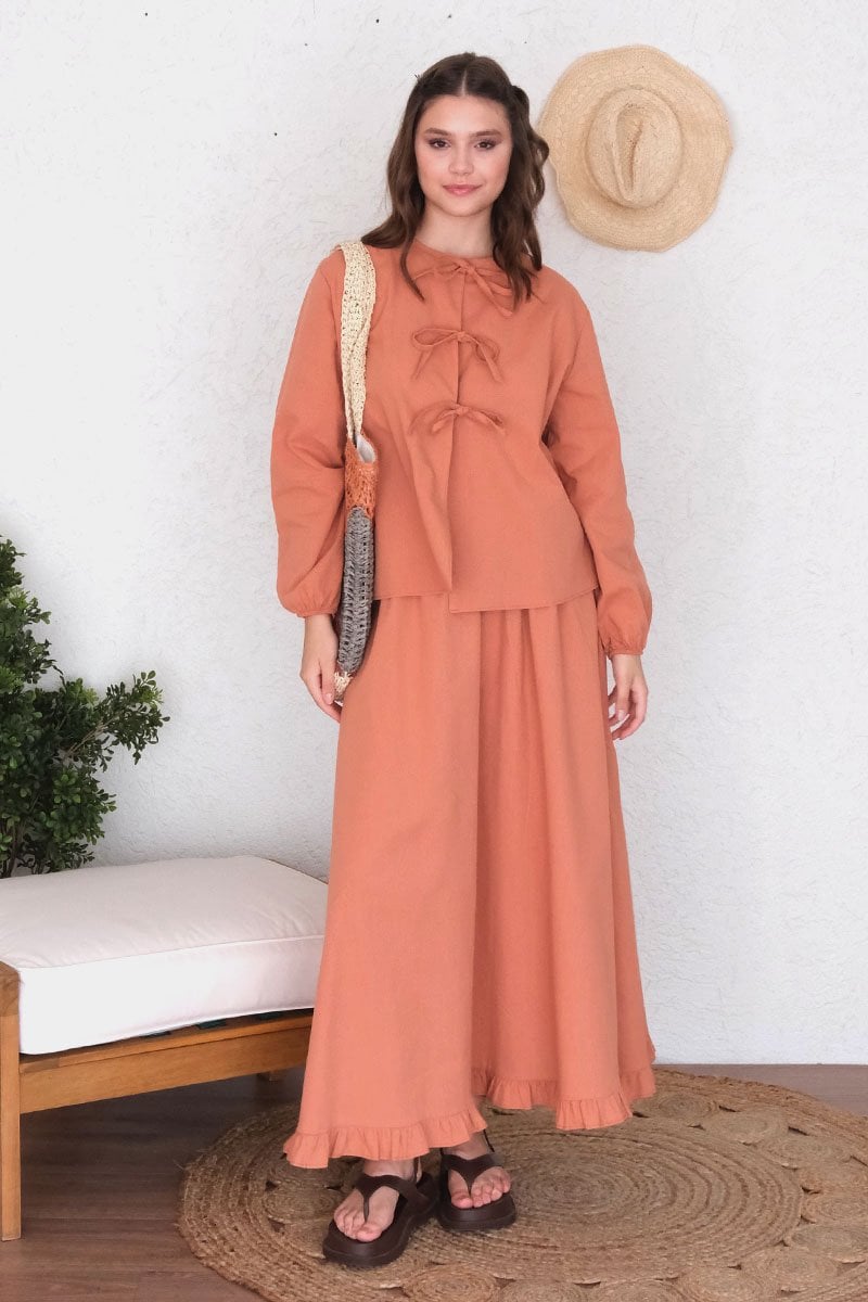 Soft Turuncu Organik Keten Eteği Fırfırlı Etek