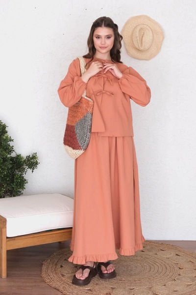 Soft Turuncu Organik Keten Eteği Fırfırlı Etek