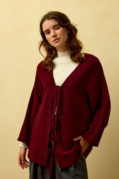 Bordo 3 Fiyonklu Triko Ceket