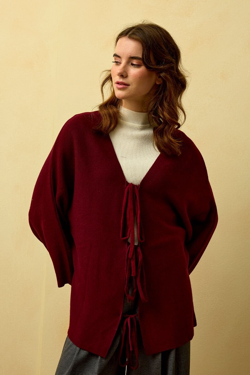 Bordo 3 Fiyonklu Triko Ceket