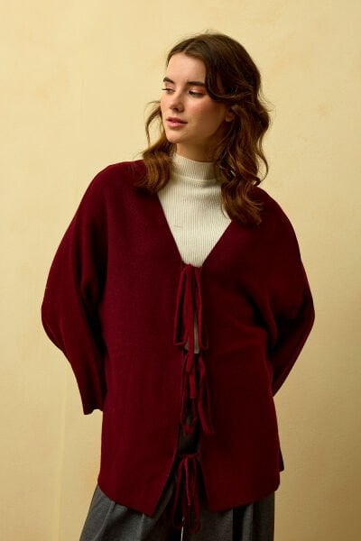 Bordo 3 Fiyonklu Triko Ceket