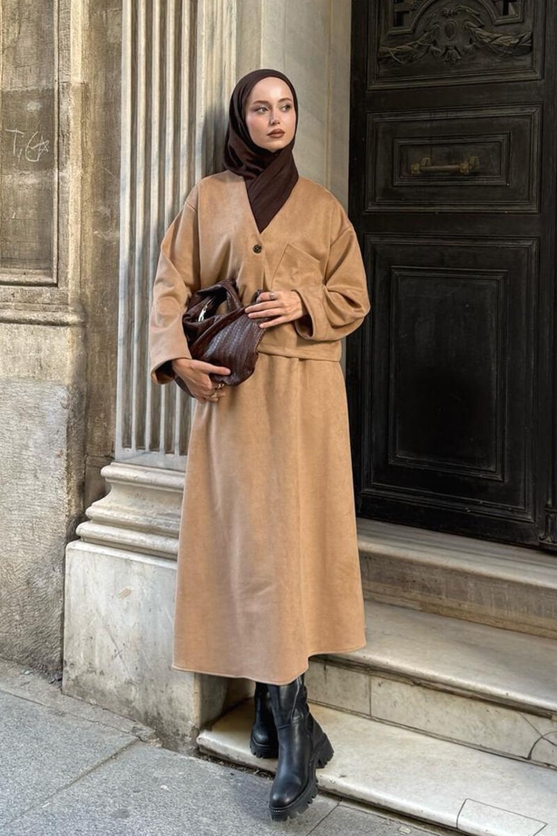 Karamel Süet Kloş Etek - Ceket Takım