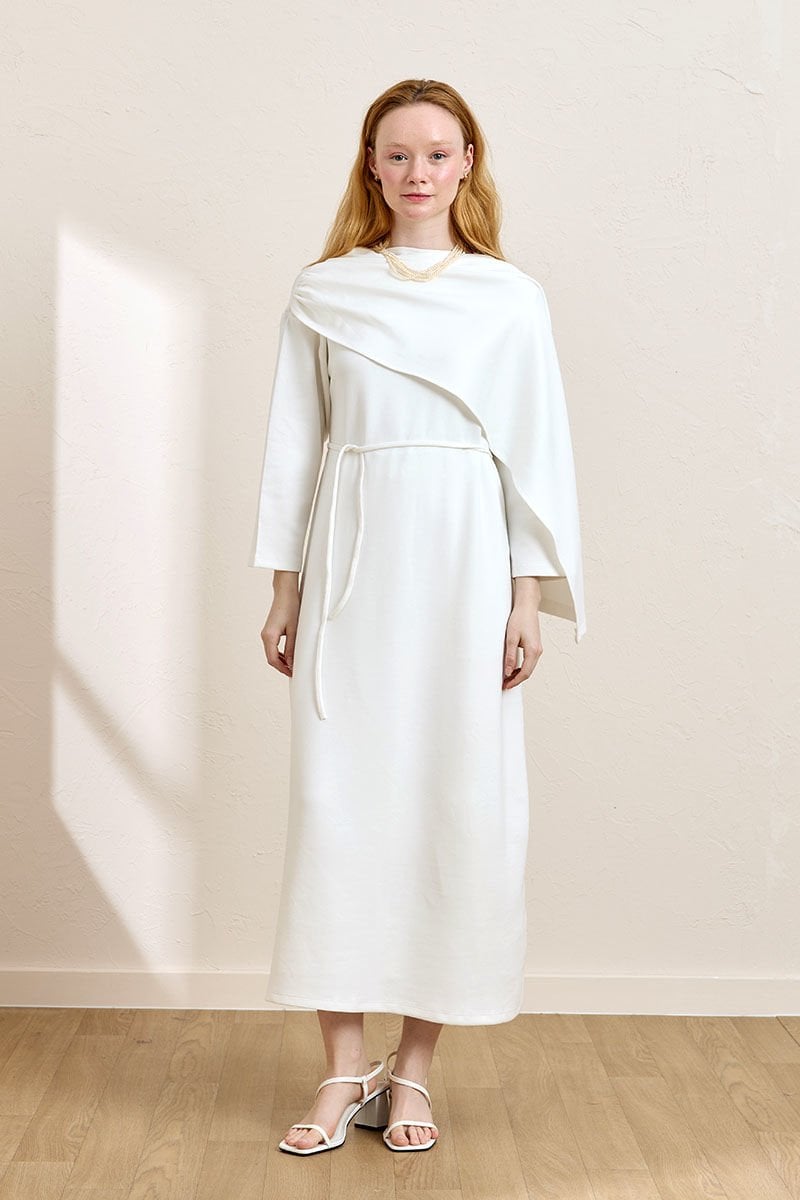 Beyaz Oysho Şal Yaka Elbise
