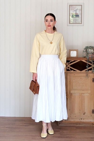 Tereyağ Sarısı Body & Beyaz Kraşlı Balon Etek Takım