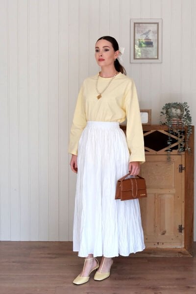 Tereyağ Sarısı Body & Beyaz Kraşlı Balon Etek Takım