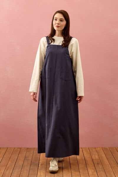 Lacivert Keten İki Cepli Etekli Salopet