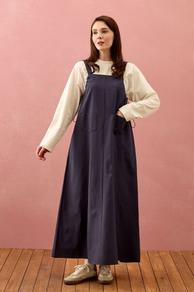 Lacivert Keten İki Cepli Etekli Salopet