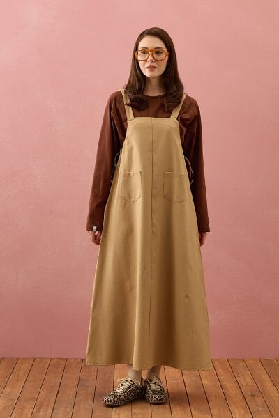 Sütlü Kahve Keten İki Cepli Etekli Salopet