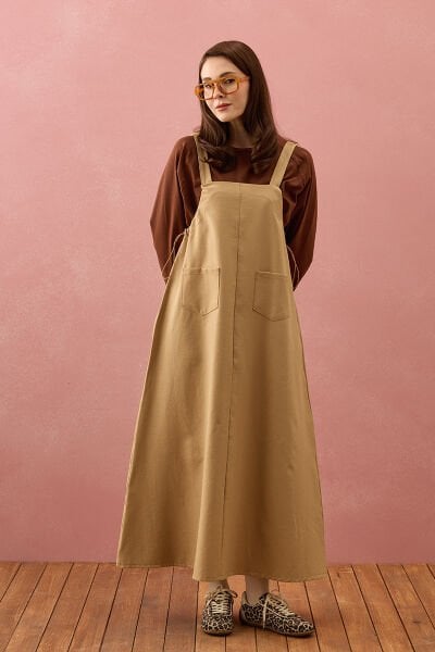 Sütlü Kahve Keten İki Cepli Etekli Salopet