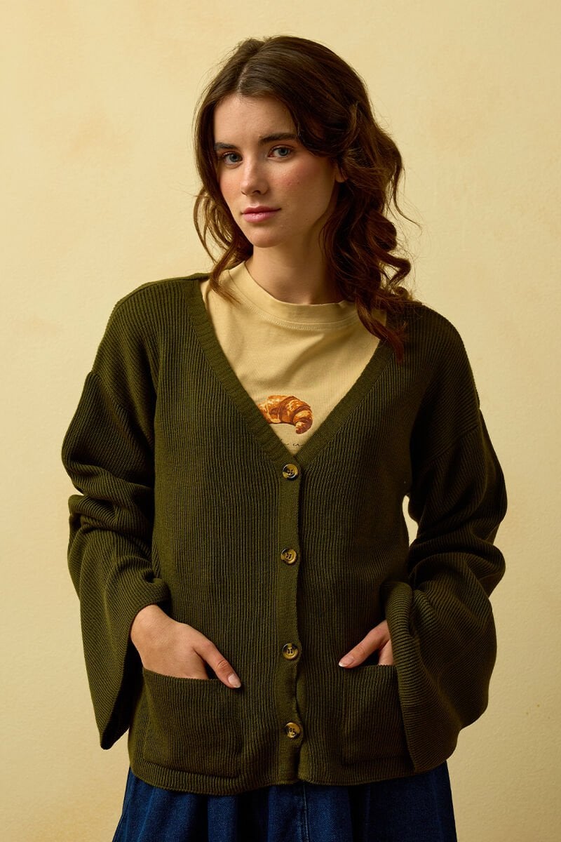 Haki İspanyol Kol Triko Hırka