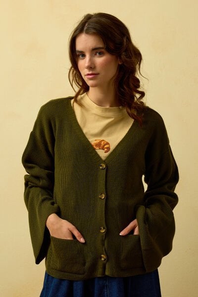 Haki İspanyol Kol Triko Hırka