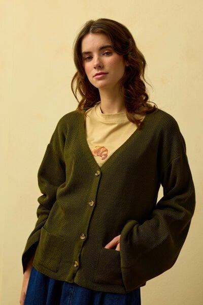 Haki İspanyol Kol Triko Hırka