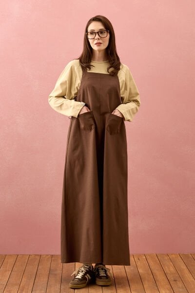 Acı Kahve Keten İki Cepli Etekli Salopet