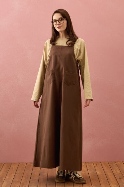 Acı Kahve Keten İki Cepli Etekli Salopet