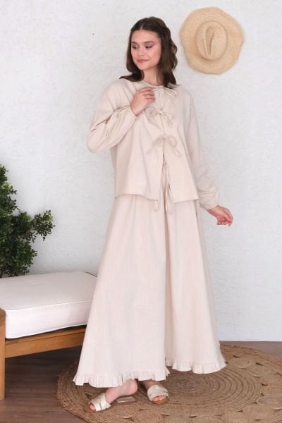 Krem Organik Keten Eteği Fırfırlı Etek