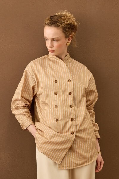 Karamel Çizgili Çok Düğmeli Ceket