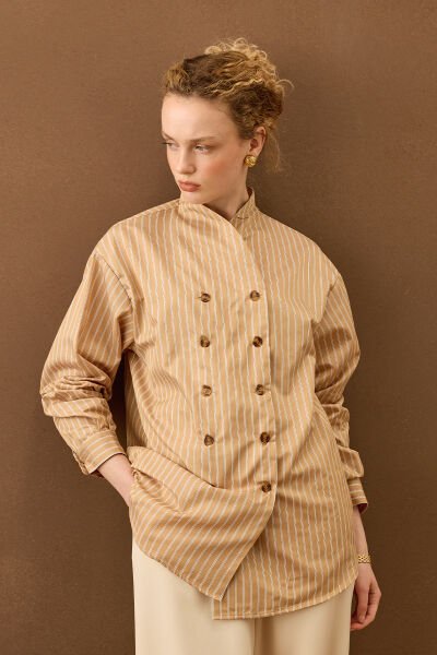 Karamel Çizgili Dik Yaka Retro Gömlek