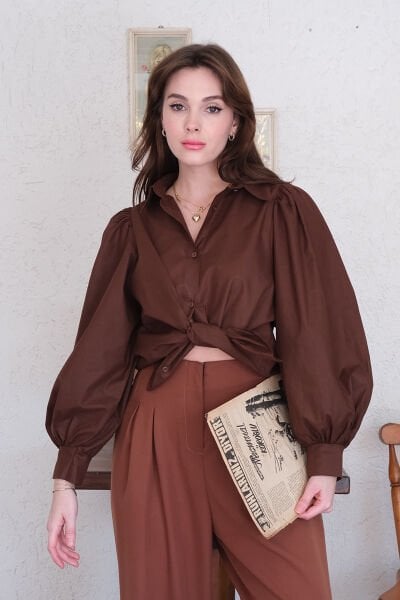 Acı Kahve Klasik Yaka Crop Gömlek