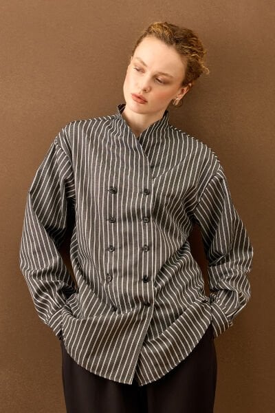 Siyah Çizgili Dik Yaka Retro Gömlek