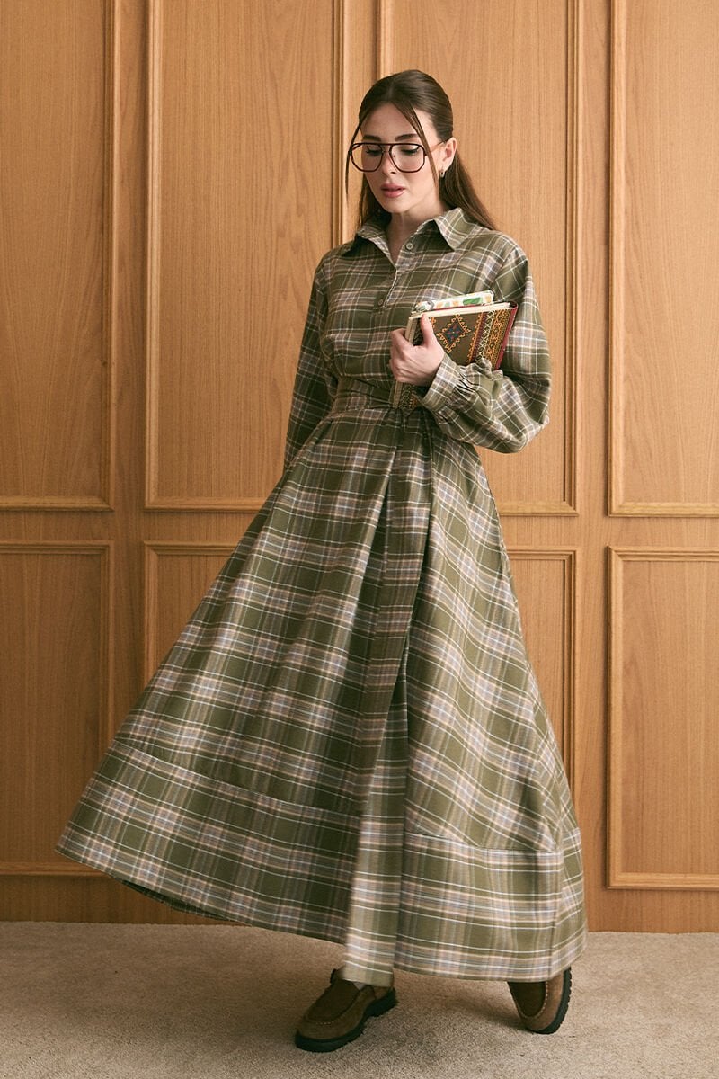 Haki Ekoseli Vintage Elbise