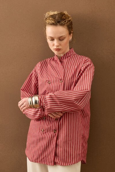 Bordo Çizgili Dik Yaka Retro Gömlek