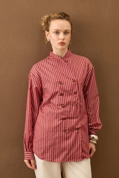 Bordo Çizgili Çok Düğmeli Ceket