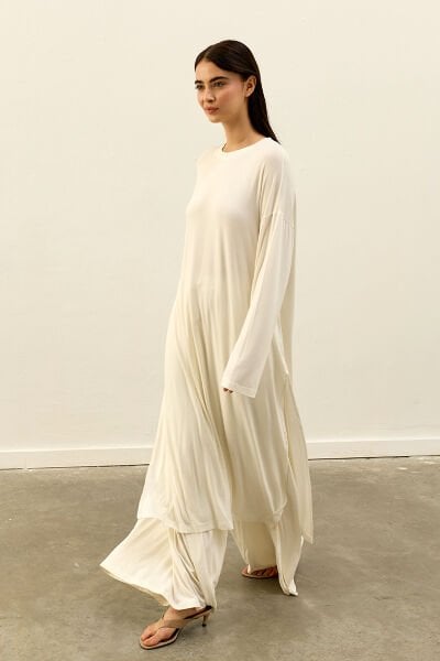 Ekru Viskon Uzun Tunik