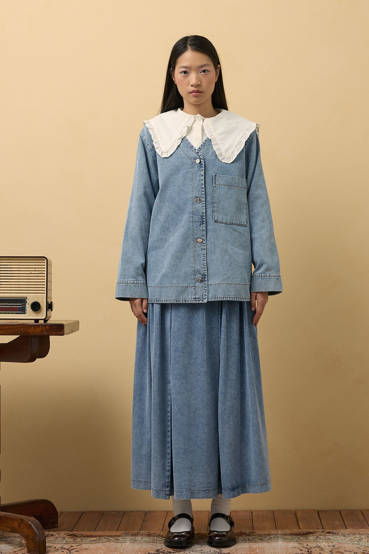 Buz Mavisi Kot Pile Detay Etek