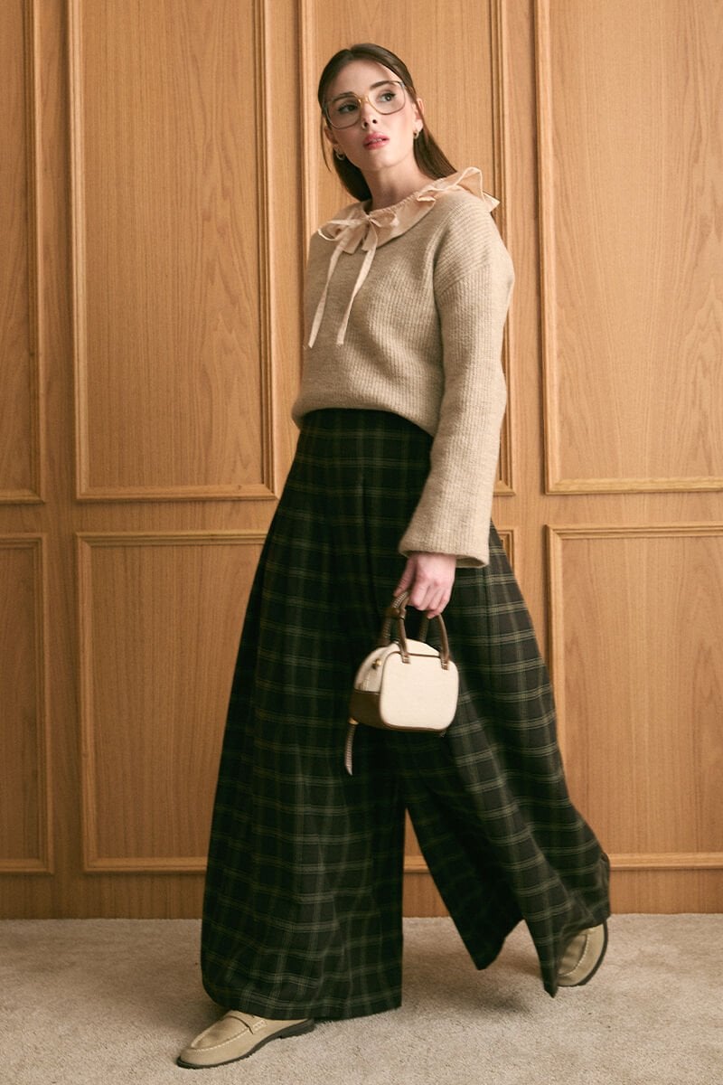 Acı Kahve Ekose Pile Detay Bol Paça Pantolon