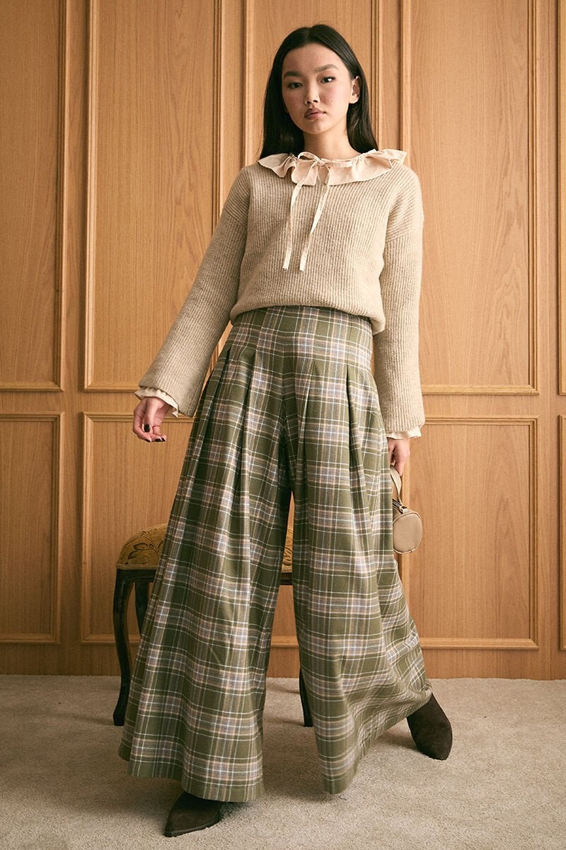 Haki Ekose Pile Detay Bol Paça Pantolon