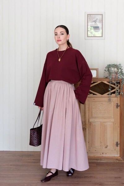 Bordo Body & Gül Kurusu Organik Keten Balon Etek