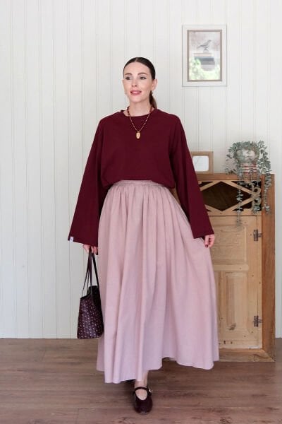 Bordo Body & Gül Kurusu Organik Keten Balon Etek