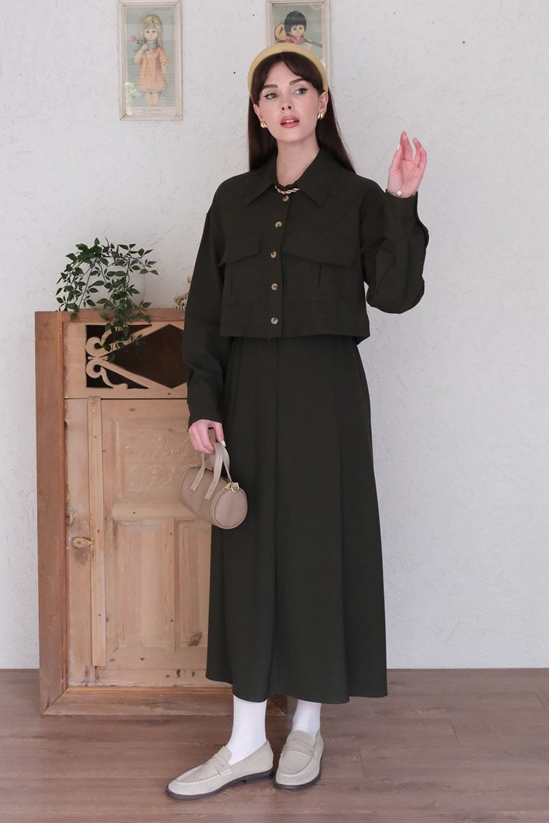 Haki Poliviskon Cepli Ceket Etek Takım