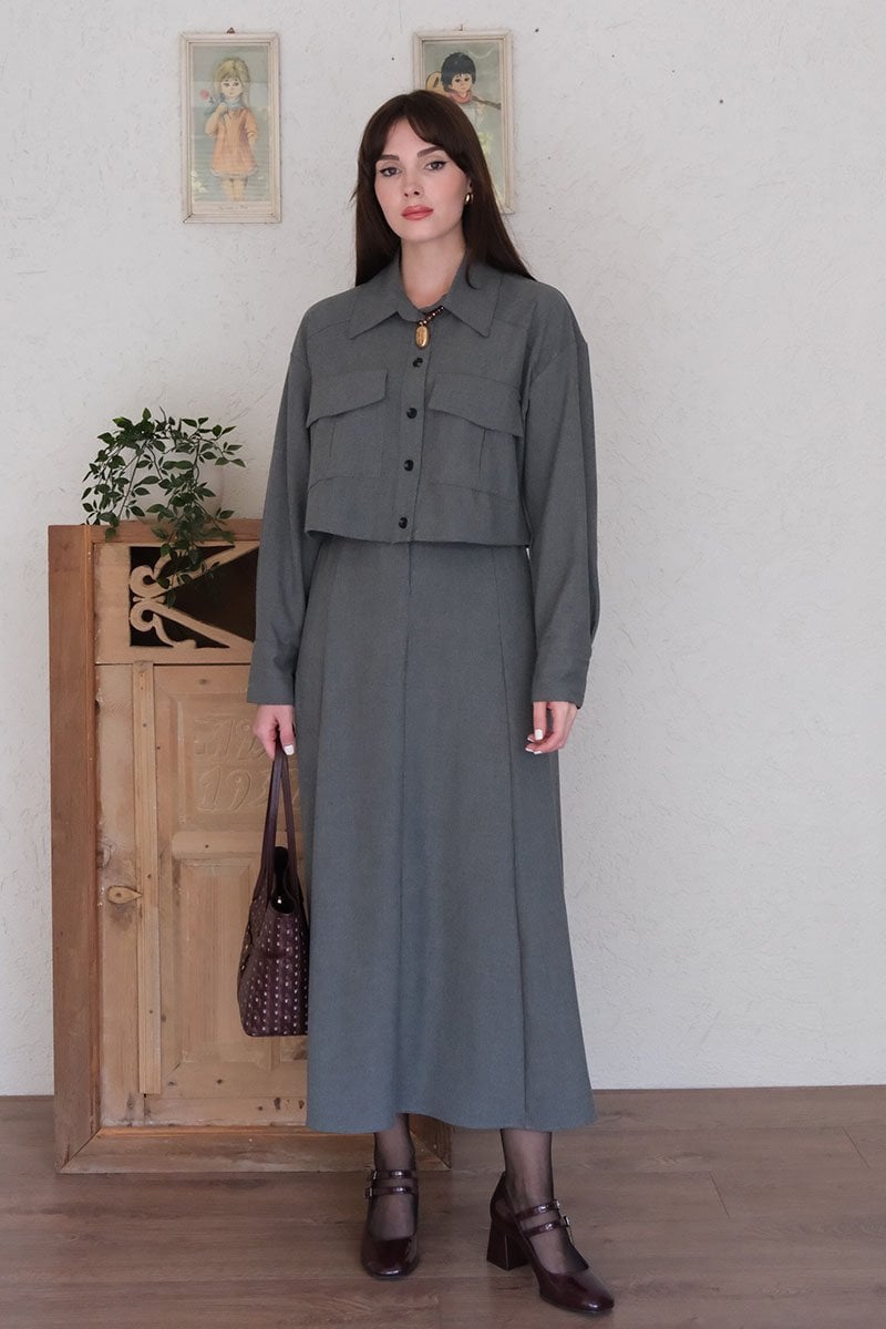 Antrasit Poliviskon Cepli Ceket Etek Takım