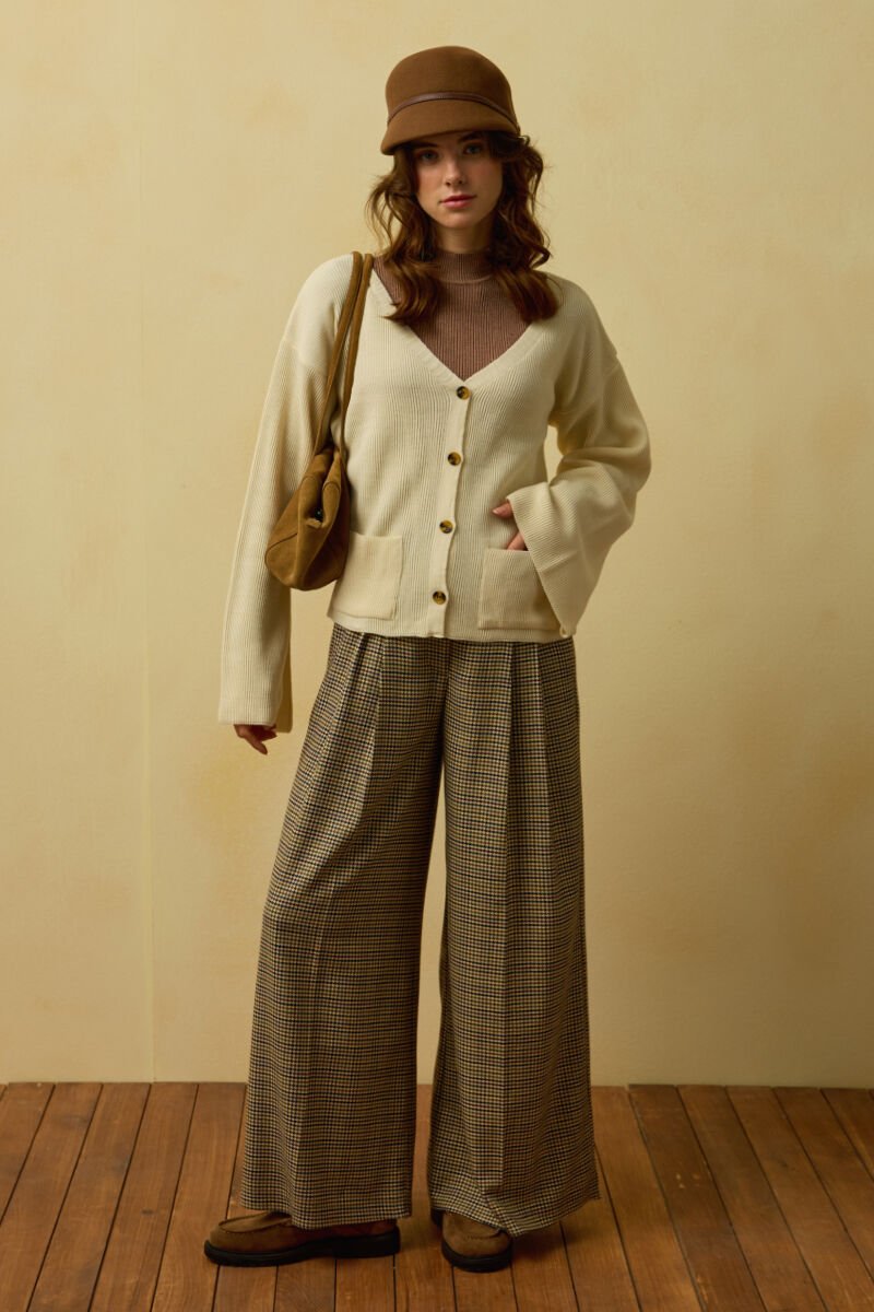 Kaz Ayağı Desenli Pile Detay Palazzo Pantolon