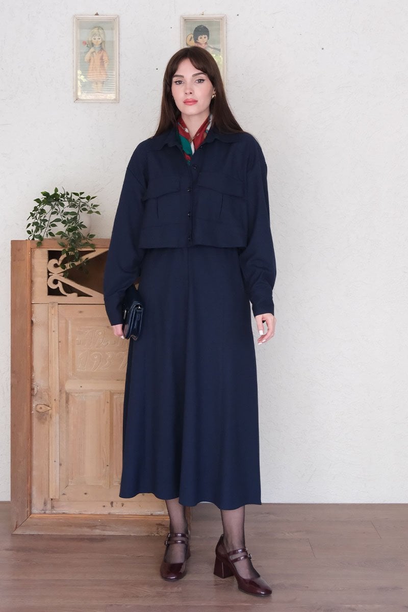 Lacivert Poliviskon Cepli Ceket Etek Takım