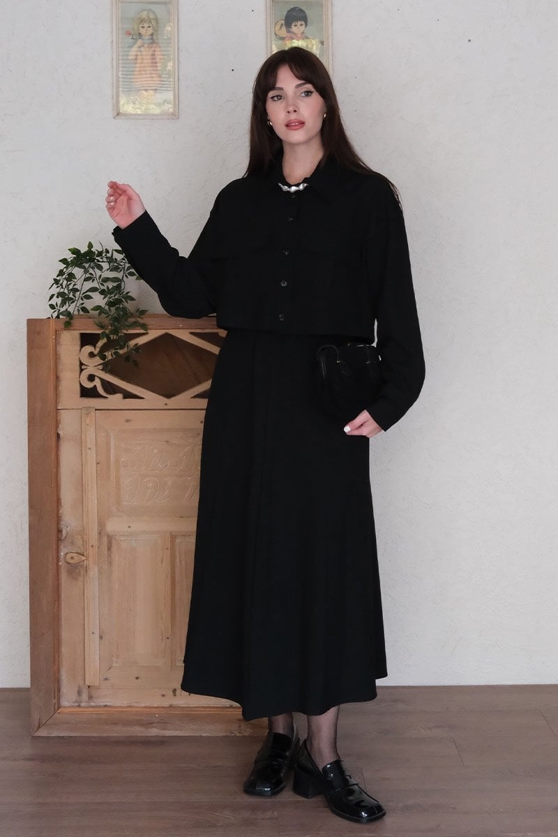 Siyah Poliviskon Cepli Ceket Etek Takım