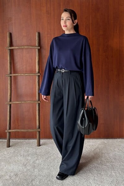 Lacivert Pile Detay Palazzo Pantolon