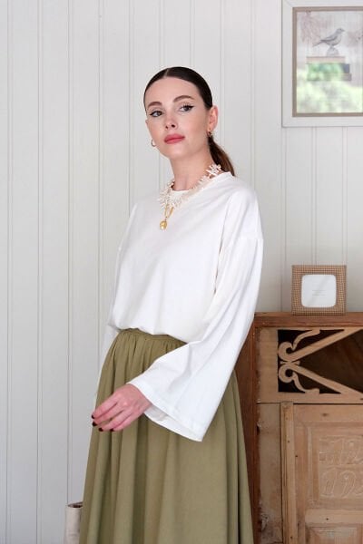 Ekru Body & Haki Organik Keten Balon Etek Takım