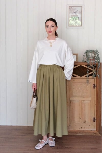 Ekru Body & Haki Organik Keten Balon Etek Takım