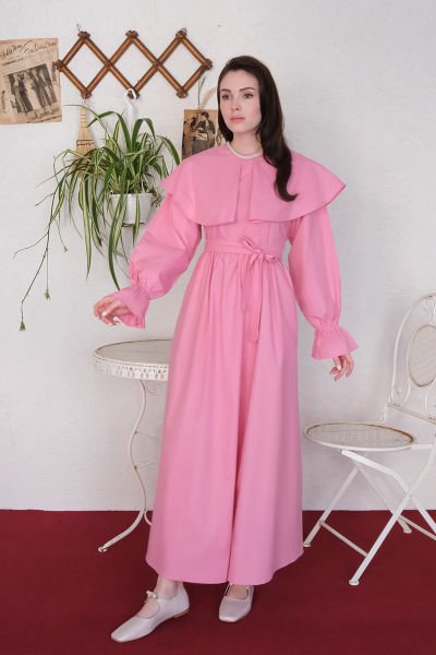 Pembe Geniş Yakalı Marul Kol Elbise