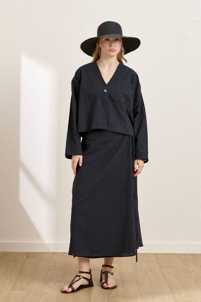 Siyah Organik Keten Tek Cepli Ceket & Anvelop Etek Takım