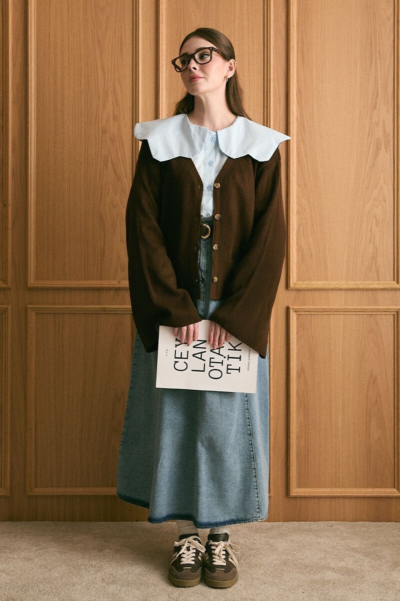 Acı Kahve İspanyol Kol Triko Hırka & Buz Mavisi Kot Kloş Etek Takım